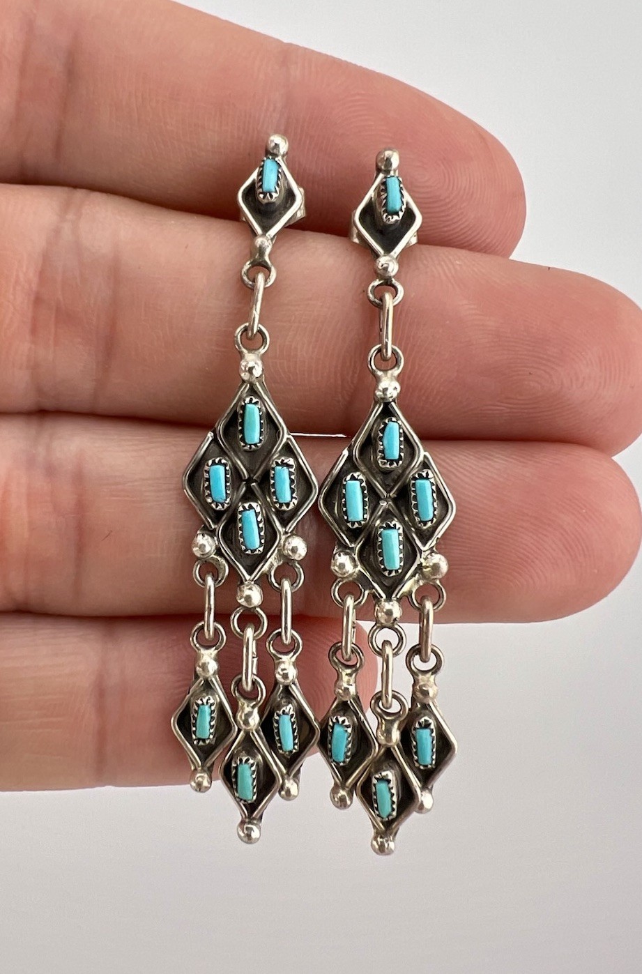 Vintage Zuni Sterling Silver Needlepoint Turquoise Cluster Dangle Earrings 2.25\ Vintage Zuni Sterling Silver Needlepoint Turquoise Cluster Dangle Earrings 2.25\