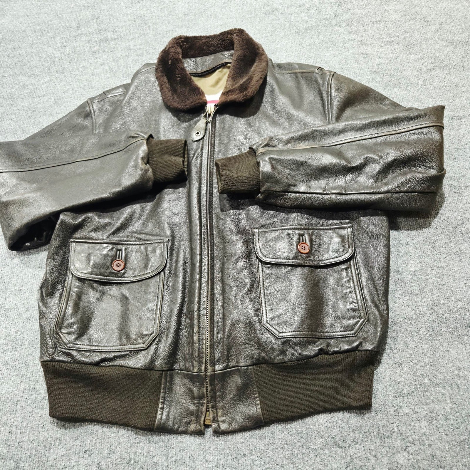 Vintage G-1 Style Leather Bomber Flight Jacket with Fur Collar and Blood Chit Li