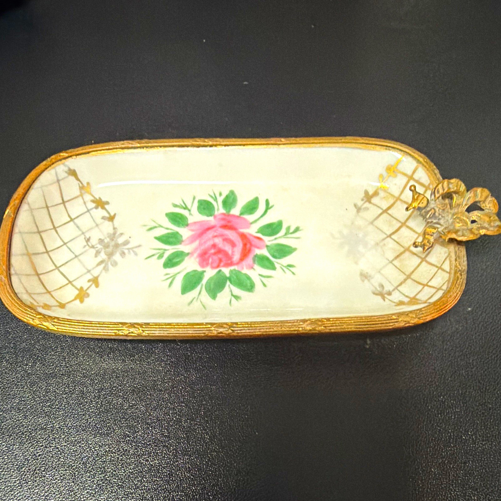 Antique B&C Limoges France Hand Painted Pink Rose Gold Lattice Trinket Dish 5”