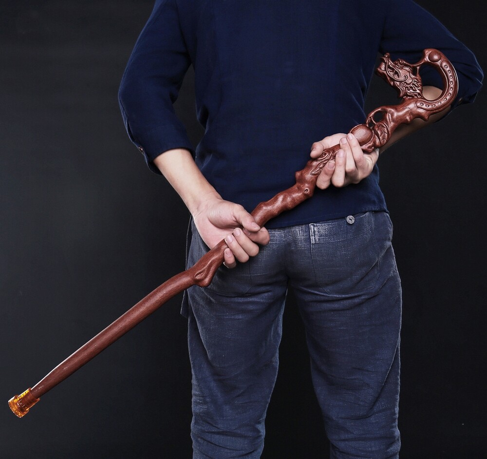 Solid Chinese Rosewood Walking Stick Cane Wooden Dragon Carved Handle Gift
