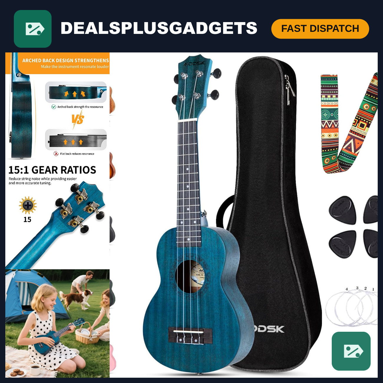 23 Inch Blue Ukulele for Beginners with Gig Bag, Strap, Nylon Strings & 4 Picks