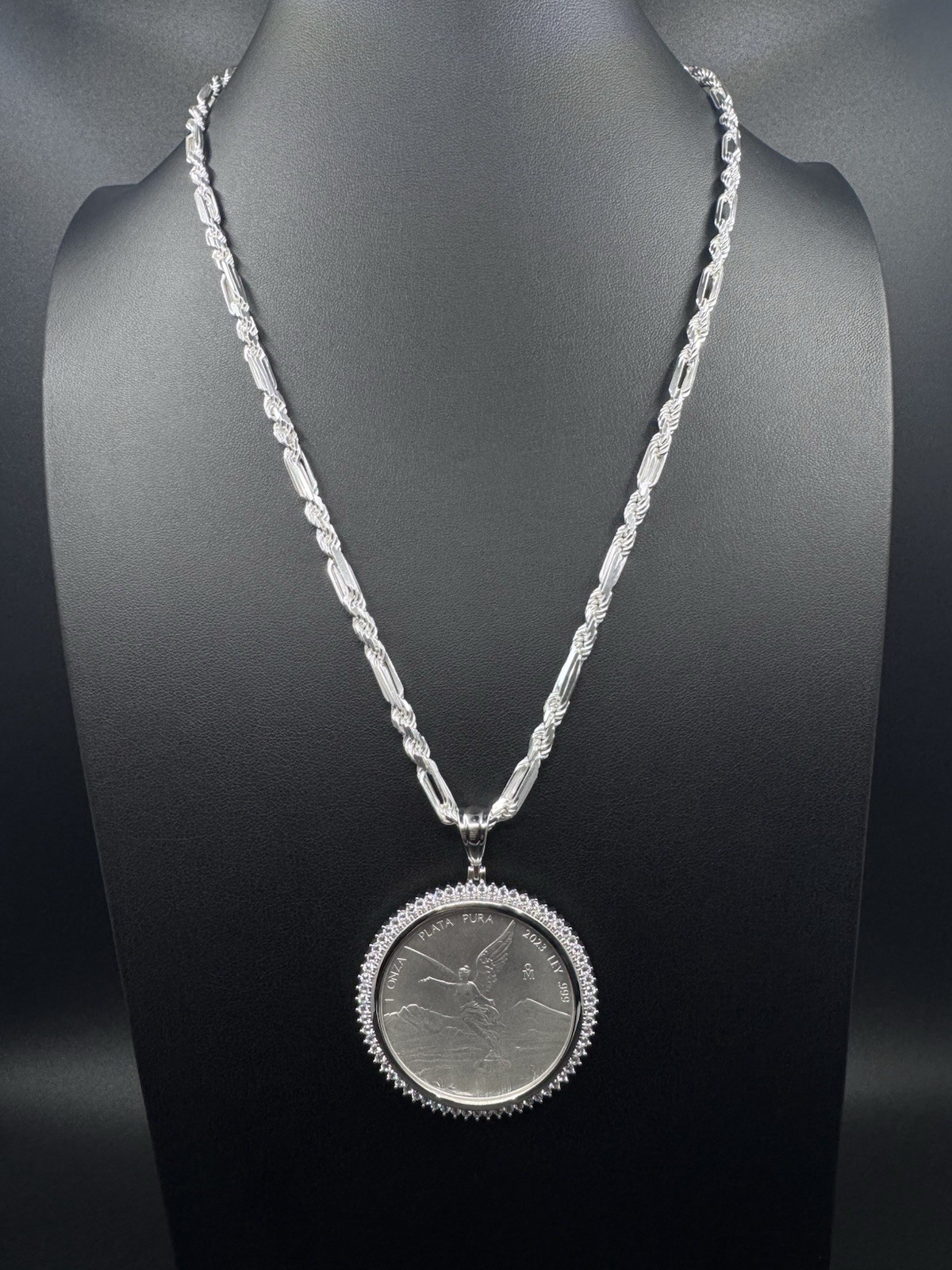 1oz 999 Libertad Centenario Coin with 925 Figarope Milano Chain Set CZ Bezel 24\