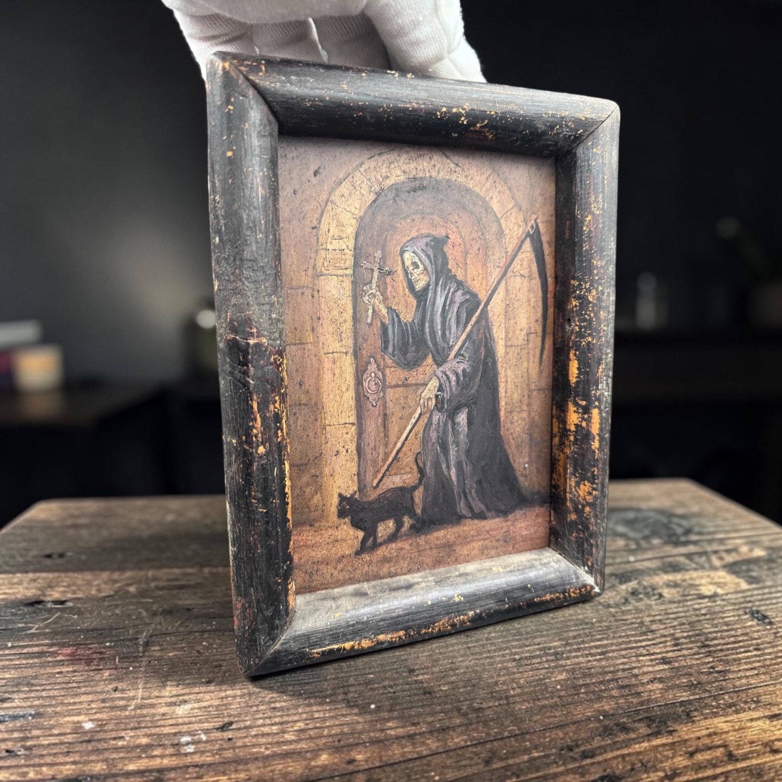 RRR Antique Oil Painting Skull Vanitas MEMENTO MORI vtg devil wood art Victorian