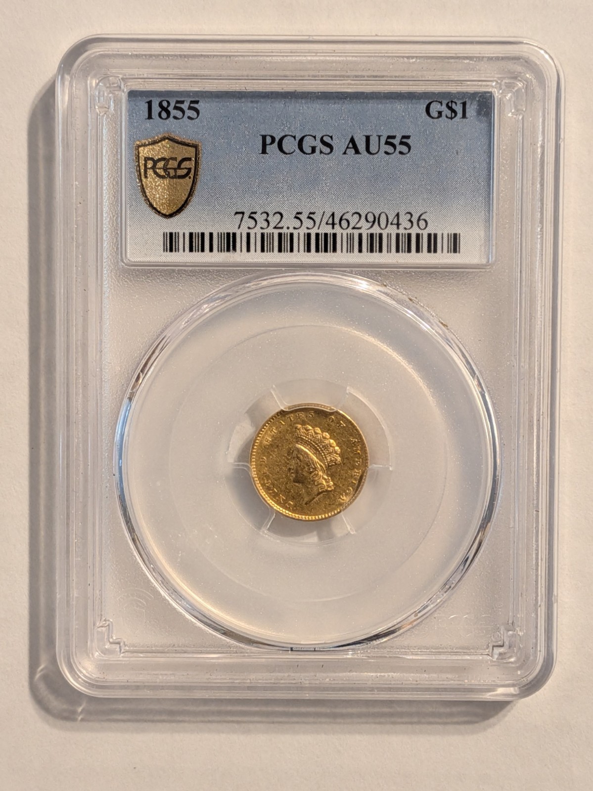 1855 Indian Princess Gold Dollar $1 Type 2 PCGS AU55 1855 Indian Princess Gold Dollar $1 Type 2 PCGS AU55