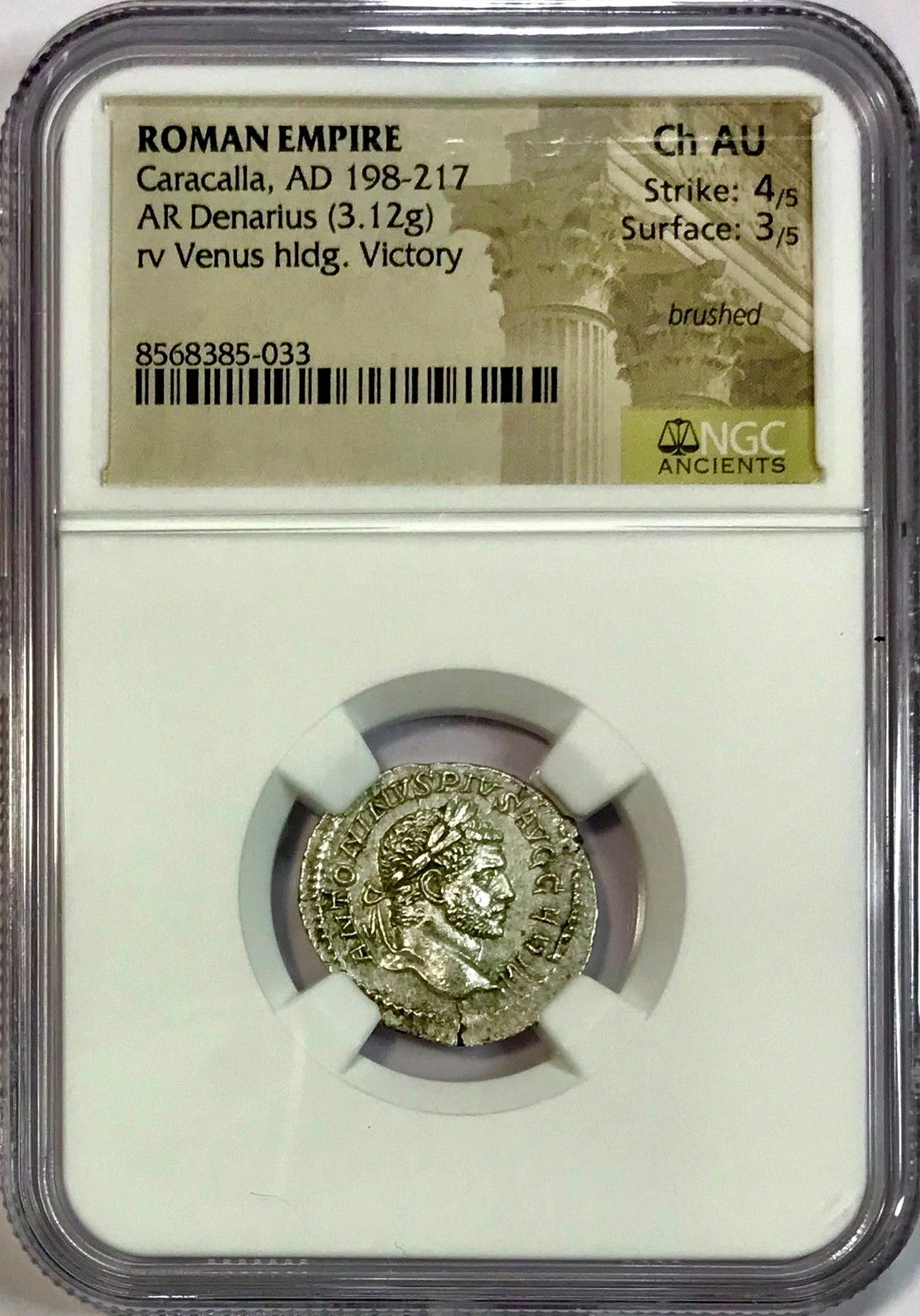 198-217 AD Caracalla As Augustus Ancient Roman Silver Denarius NGC Choice AU