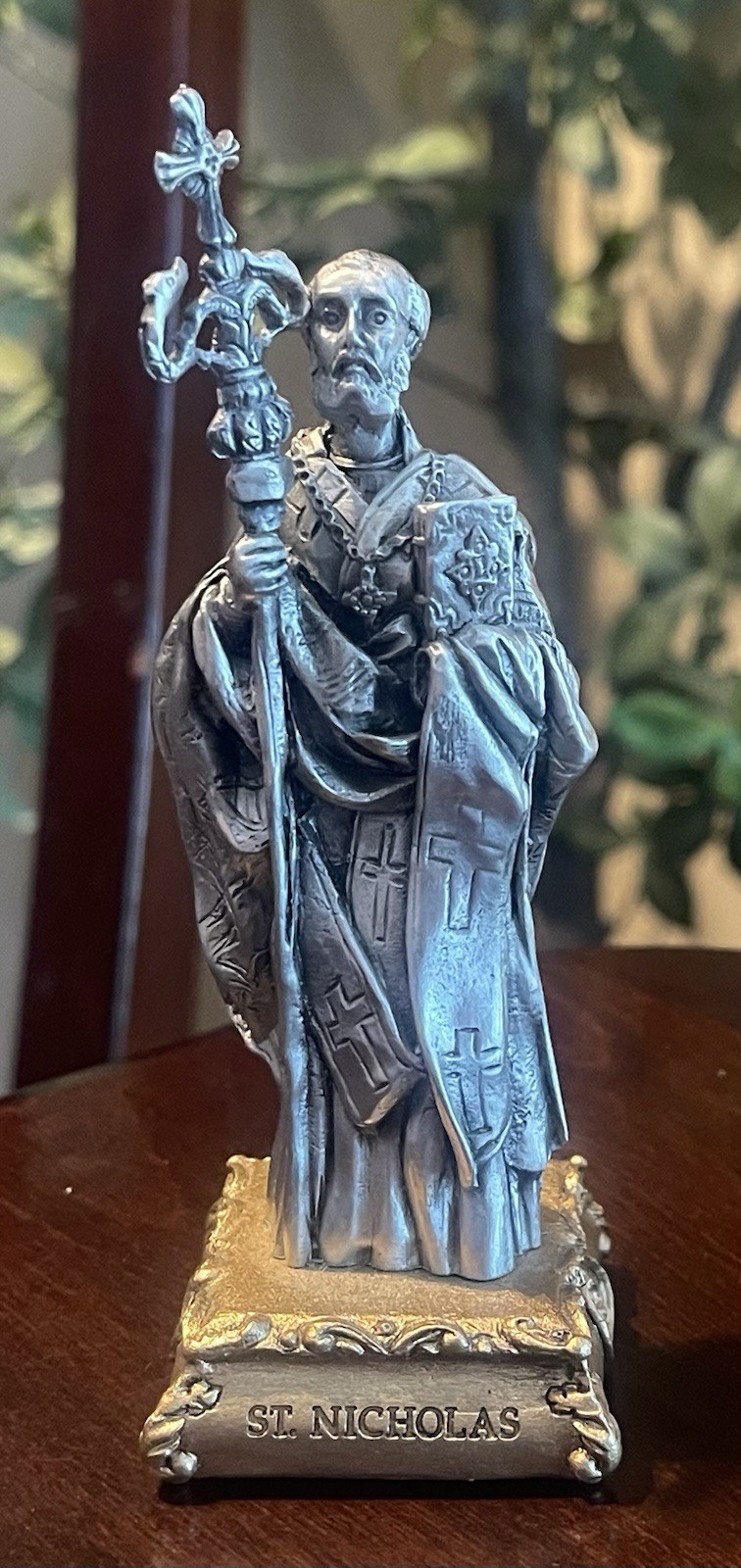 Pewter Saint St. Nicholas Figurine Statue on Gold Tone Base, 4 1/2 Pewter Saint St. Nicholas Figurine Statue on Gold Tone Base, 4 1/2