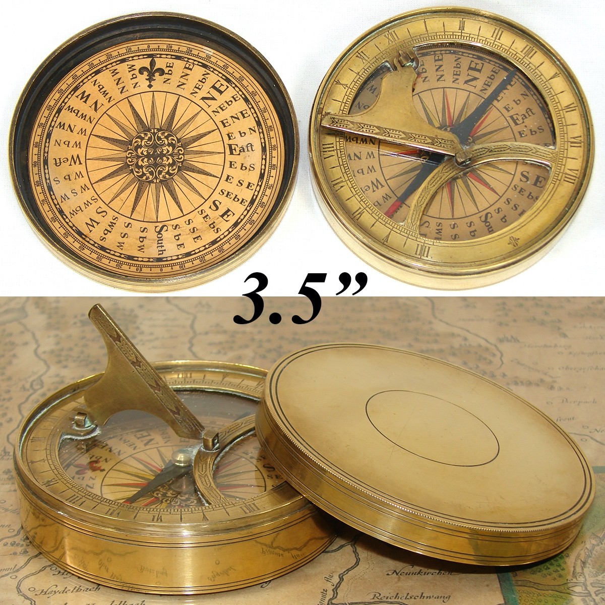 Antique Likely c. 1750-1850 Pocket Compass with Folding Sundial, Bronze or Brass