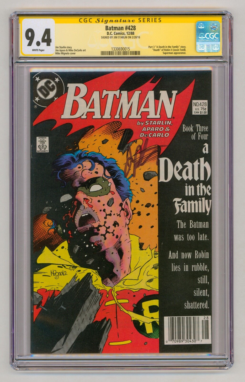 1988 Batman #428 Death in Family CGC 9.4 SS = Starlin auto = WHITE pgs 1988 Batman #428 Death in Family CGC 9.4 SS = Starlin auto = WHITE pgs