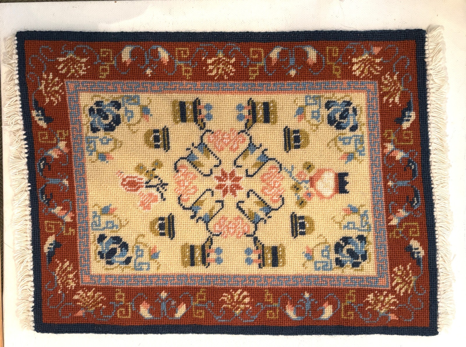 Dollhouse miniature artisan made needlepoint Chinoiserie rug, 1:12