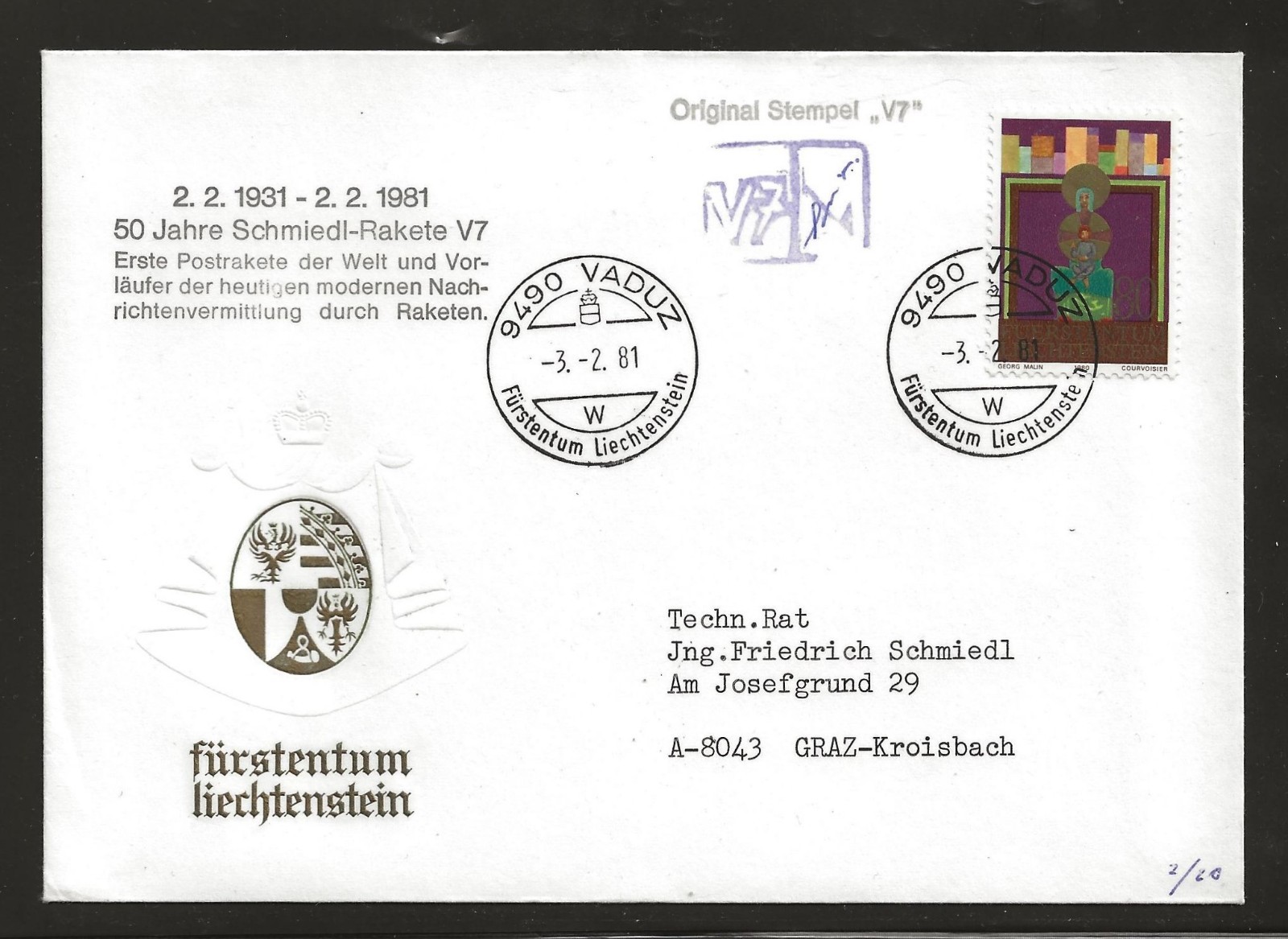 1961 LIECHTENSTEIN rocket mail cover - Schmiedl signed, V7 50th anniversary 1961 LIECHTENSTEIN rocket mail cover - Schmiedl signed, V7 50th anniversary