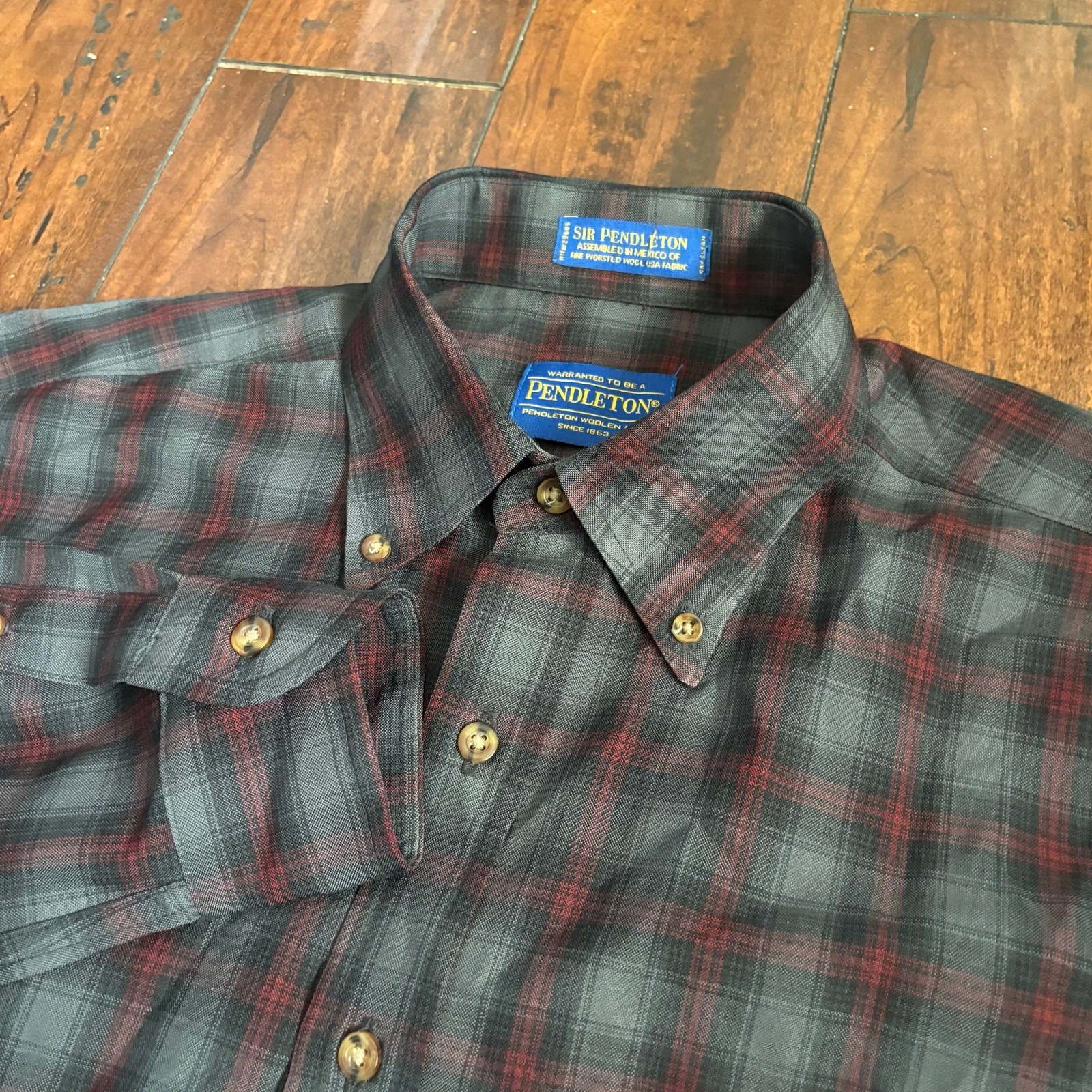 Sir Pendleton Wool Button Down Dress Shirt Mens M Black Plaid Tartan Worsted Sir Pendleton Wool Button Down Dress Shirt Mens M Black Plaid Tartan Worsted