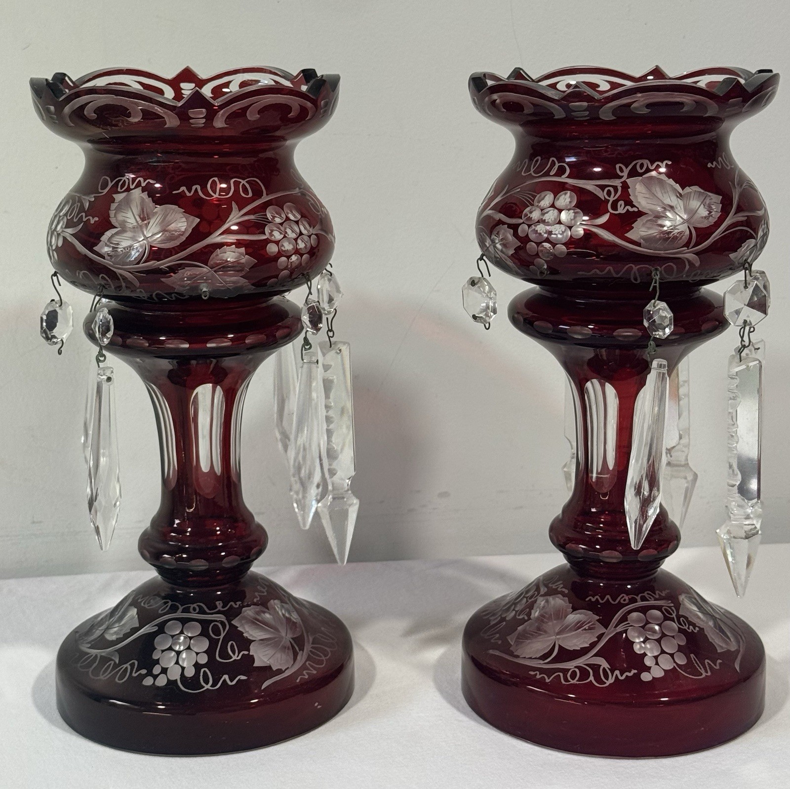 Pair Vintage Victorian Ruby Cut To Clear Glass Mantle Lustre Crystal Prisms