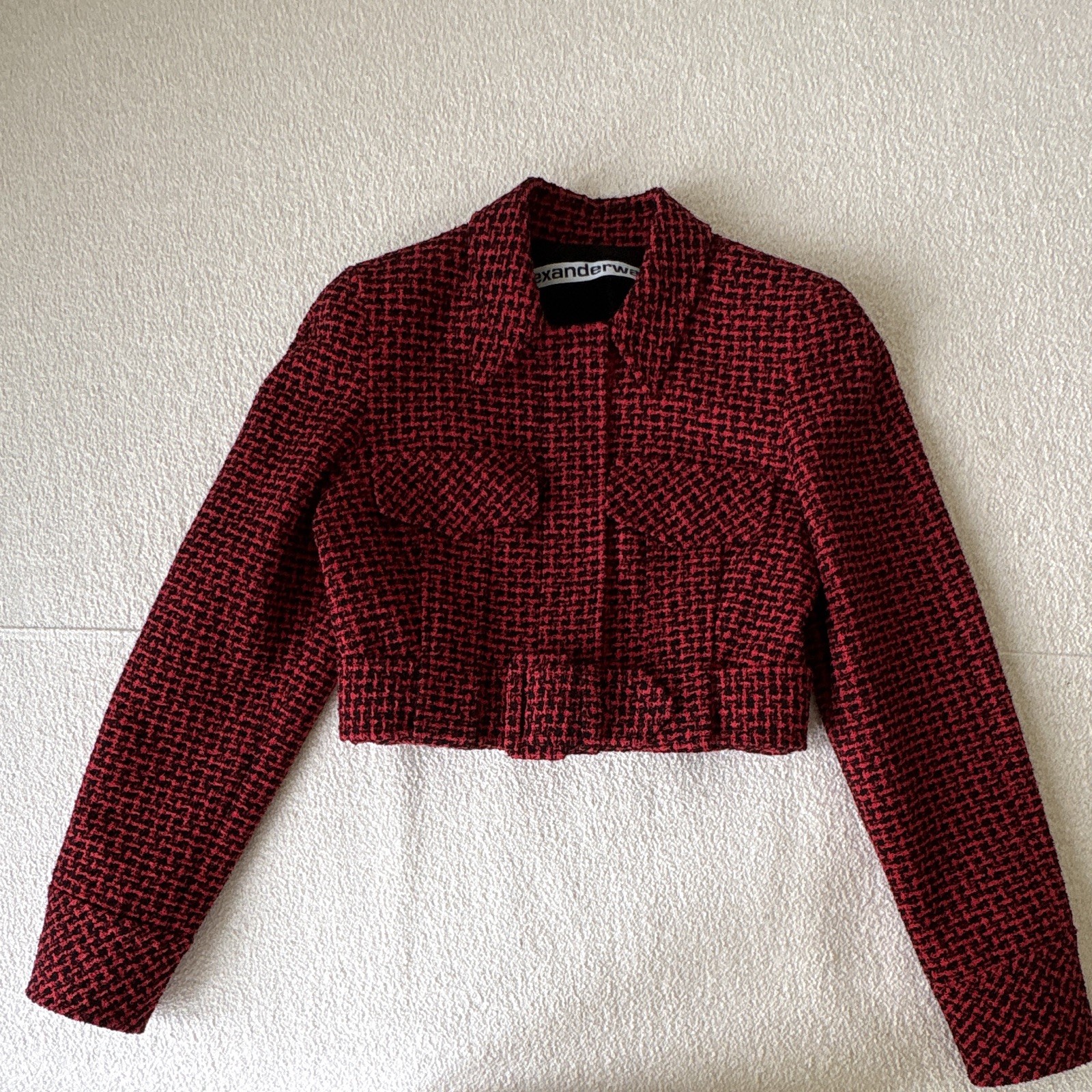 New Alexander Wang Black Red Tweed Houndstooth Cropped Jacket Belted size S/4 New Alexander Wang Black Red Tweed Houndstooth Cropped Jacket Belted size S/4