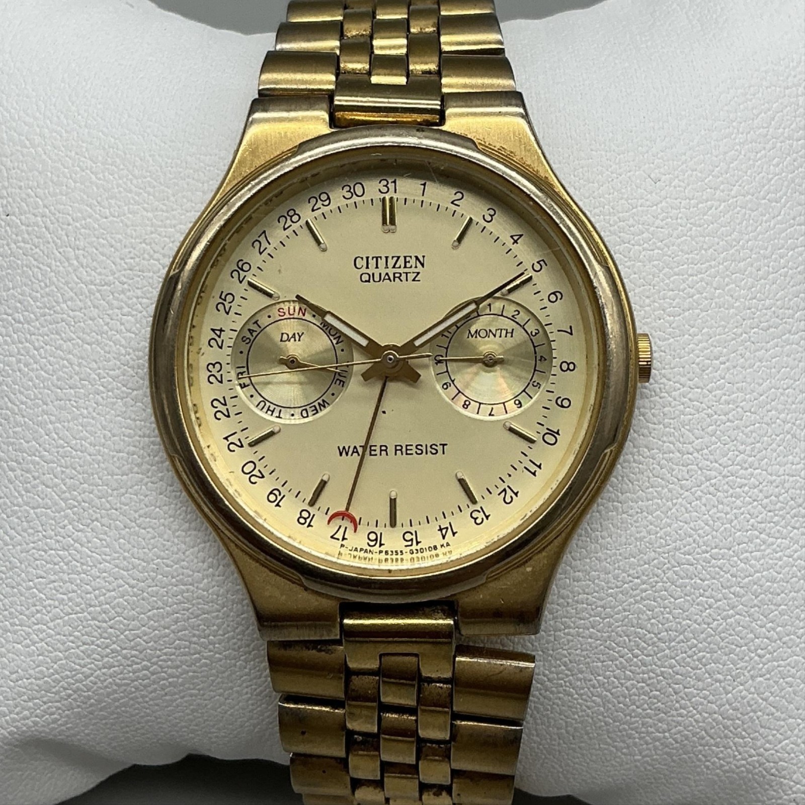 Vintage Citizen Mens Watch 34mm Gold Tone 6355-G30062 Day Month Date 6.75