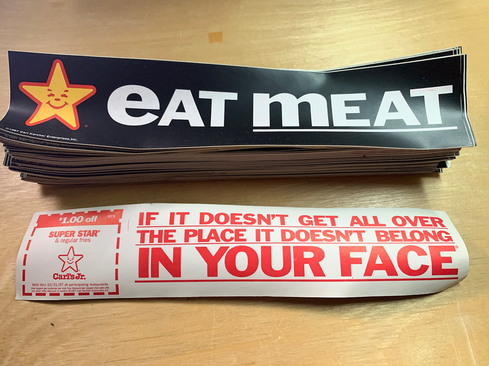 Vintage EAT MEAT Carl’s Jr Bumper Sticker 1997 Vegan Funny Naughty Vintage EAT MEAT Carl’s Jr Bumper Sticker 1997 Vegan Funny Naughty