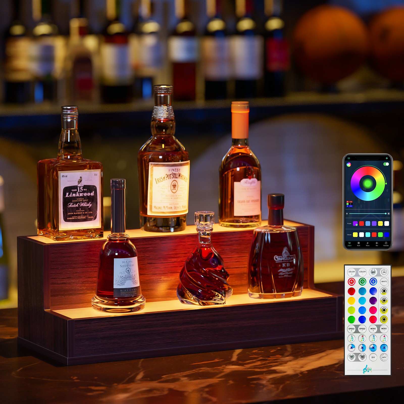 LED Lighted Bottle Shelf 20 Inch, 2-Step Freestanding, Walnut, App Control LED Lighted Bottle Shelf 20 Inch, 2-Step Freestanding, Walnut, App Control