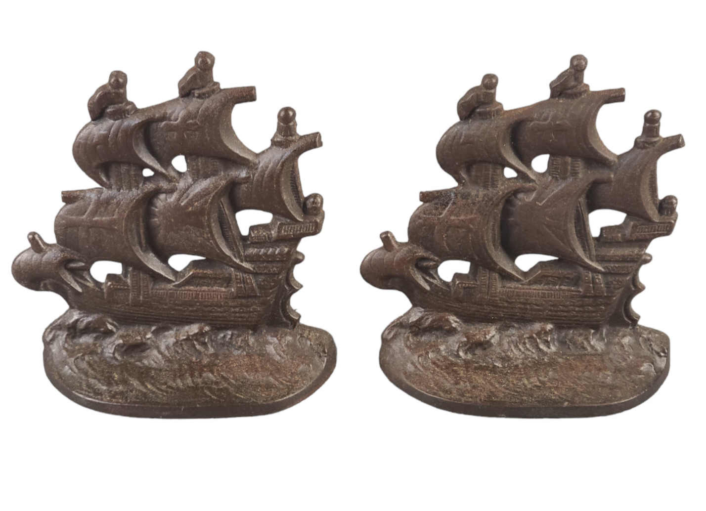 ANTIQUE PAIR NAUTICALSPANISH GALLEON SPIP METAL BOOKENDS DOORSTOPS MARKED