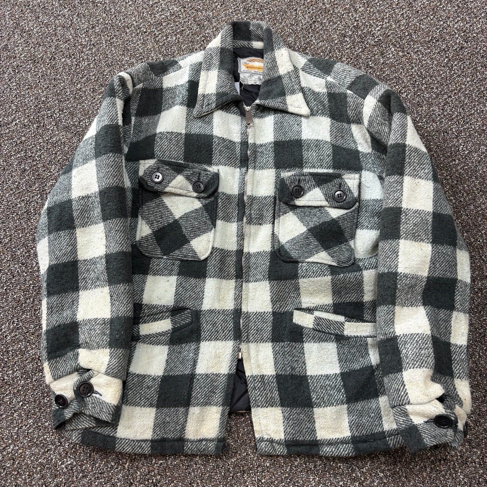 1970s Zip Up Plaid Jacket True Vintage Black White Quilted Rare Cotton Large