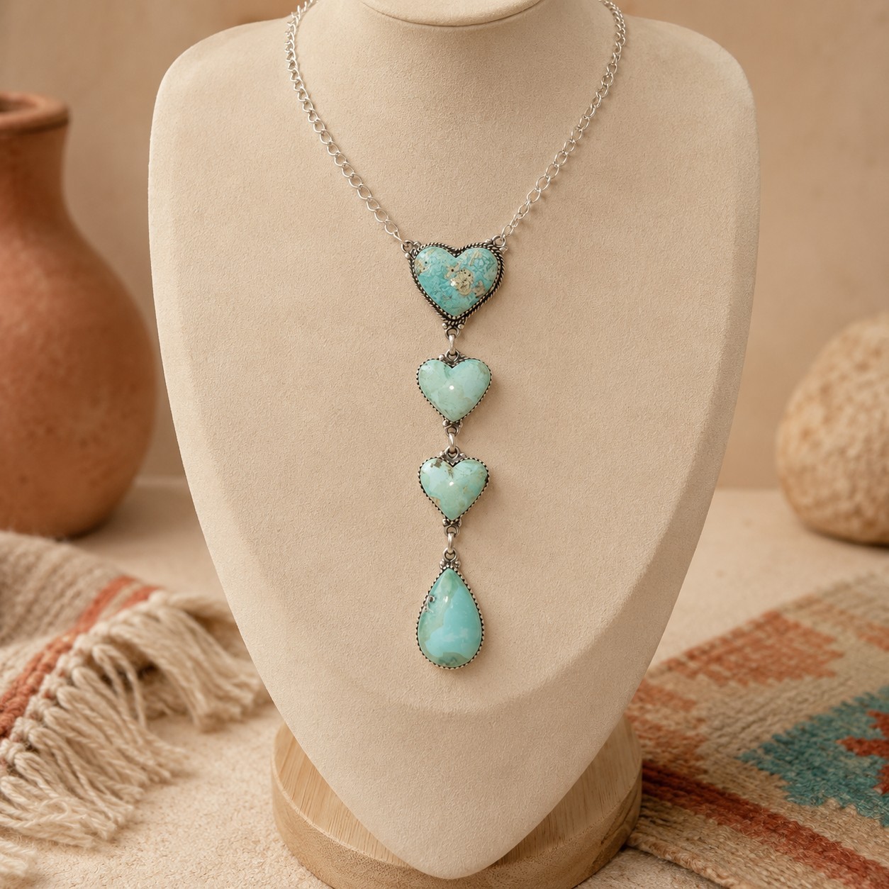 White Creek Turquoise Navajo Style Heart Stone Lariat Necklace Sterling Silver 