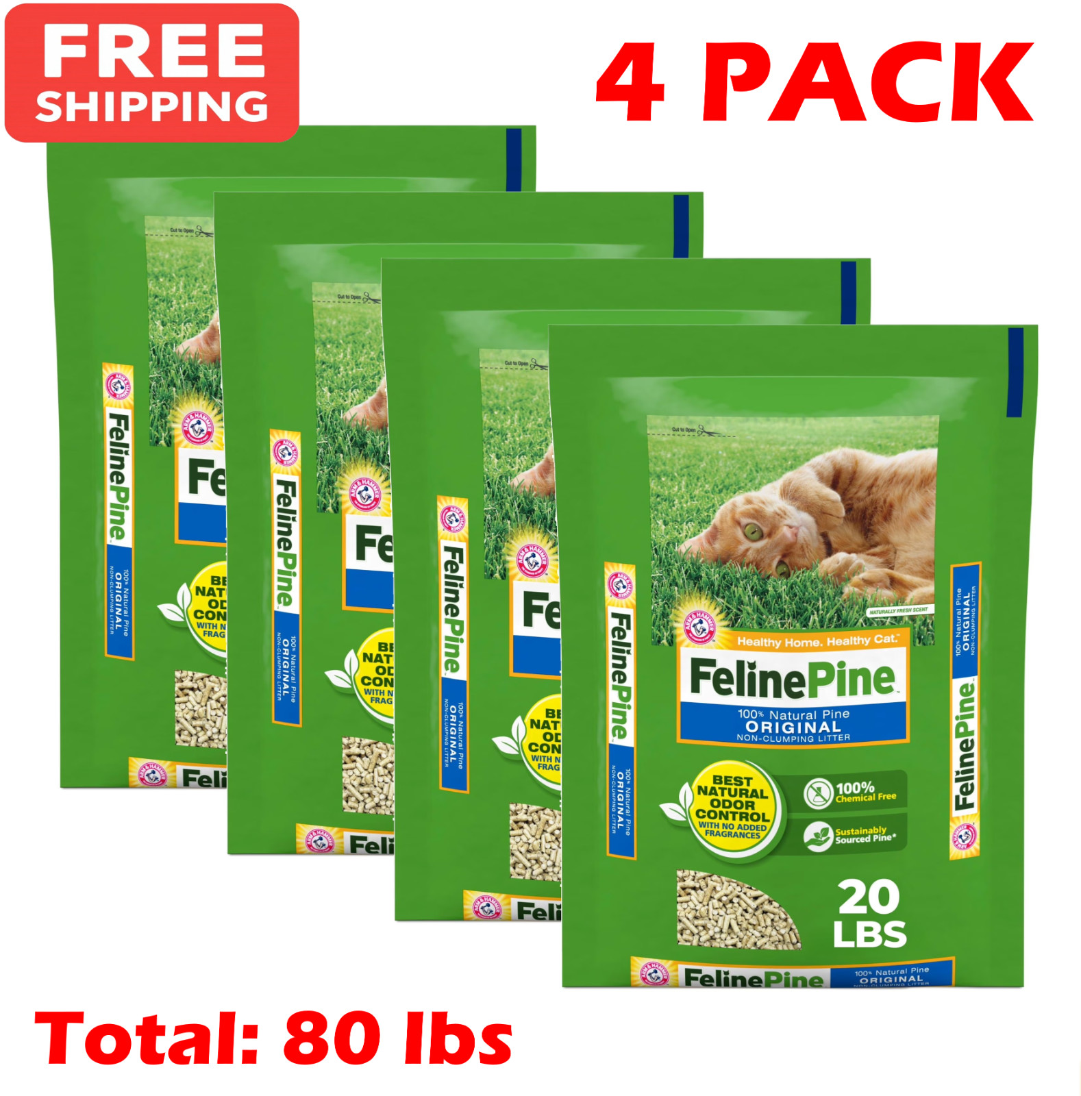 4 PACK - Feline Pine Original 100% Natural Cat Litter, 20 lb 4 PACK - Feline Pine Original 100% Natural Cat Litter, 20 lb