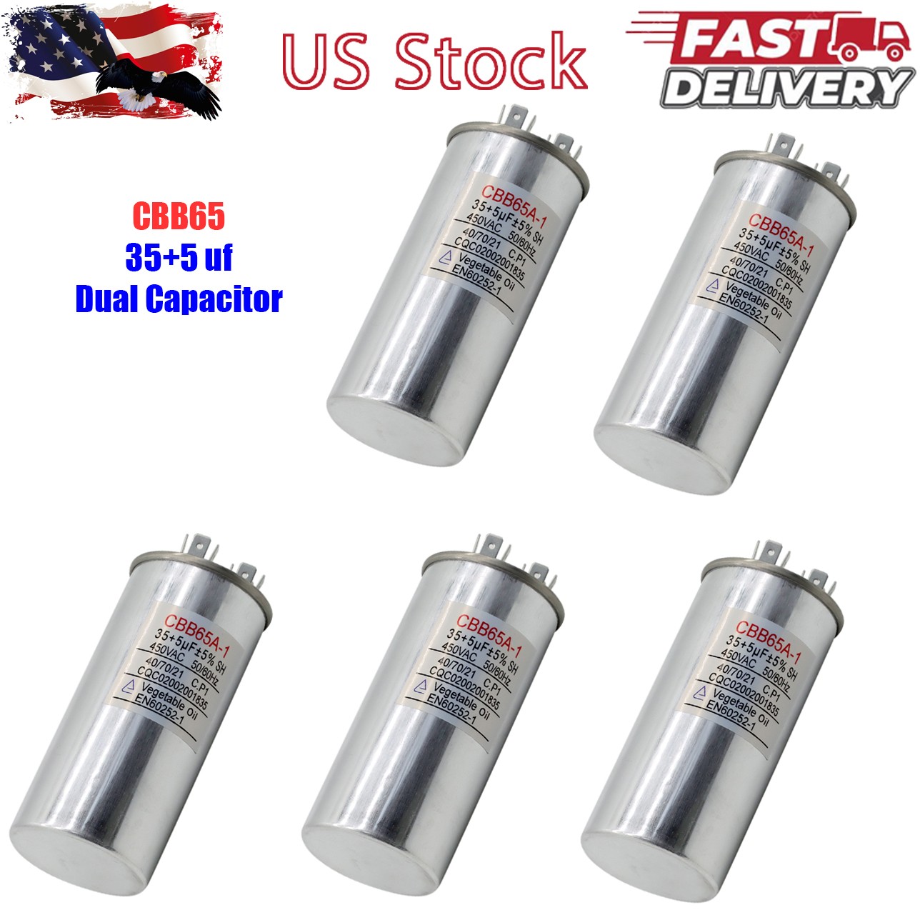 35+5 35/5 uF MFD 370-440V 440 VAC Motor Dual Run Capacitor CBB65-R - 5Pack 