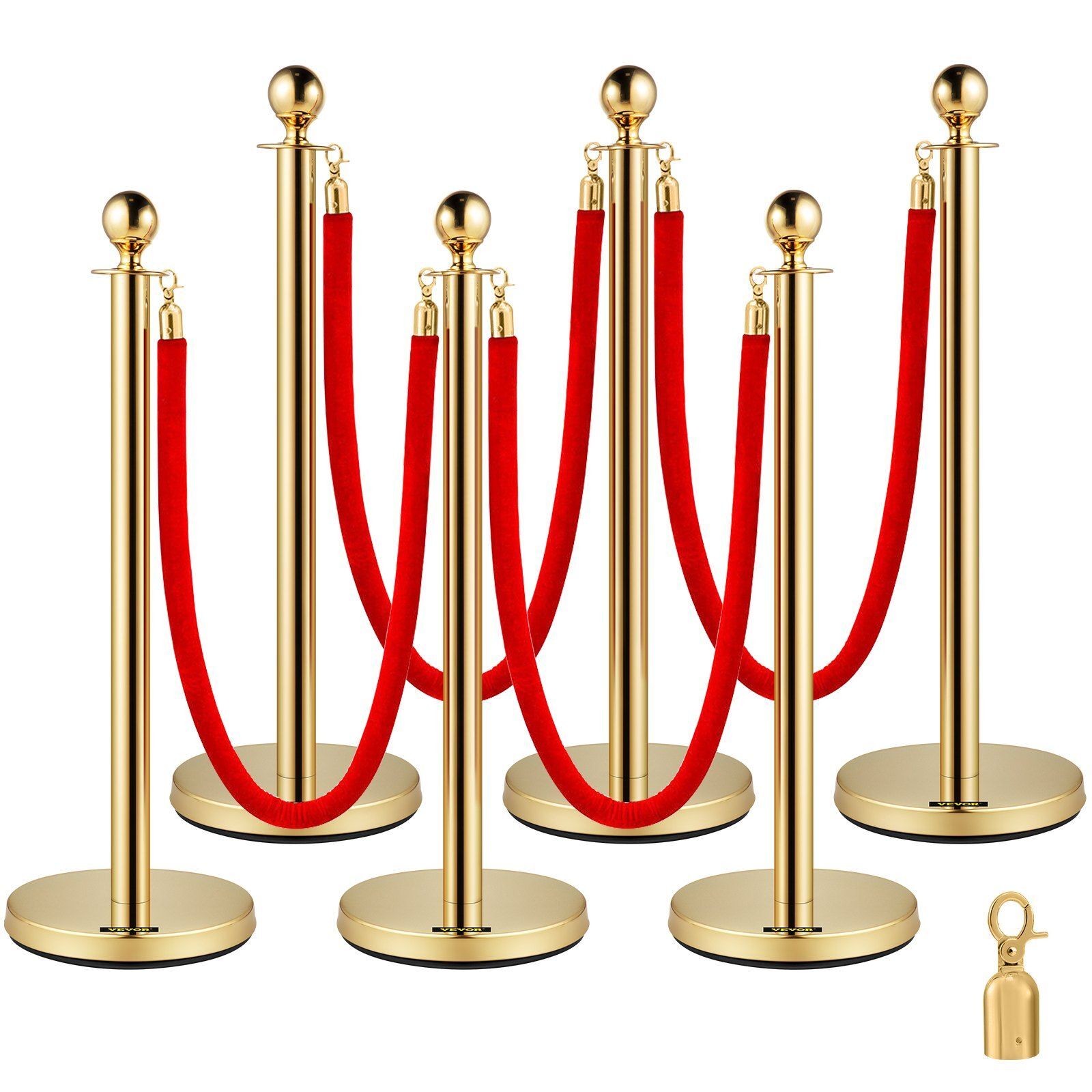6 PCS Gold Stanchions Posts Stainless Steel Stanchion Queue Post w/Red Rope
