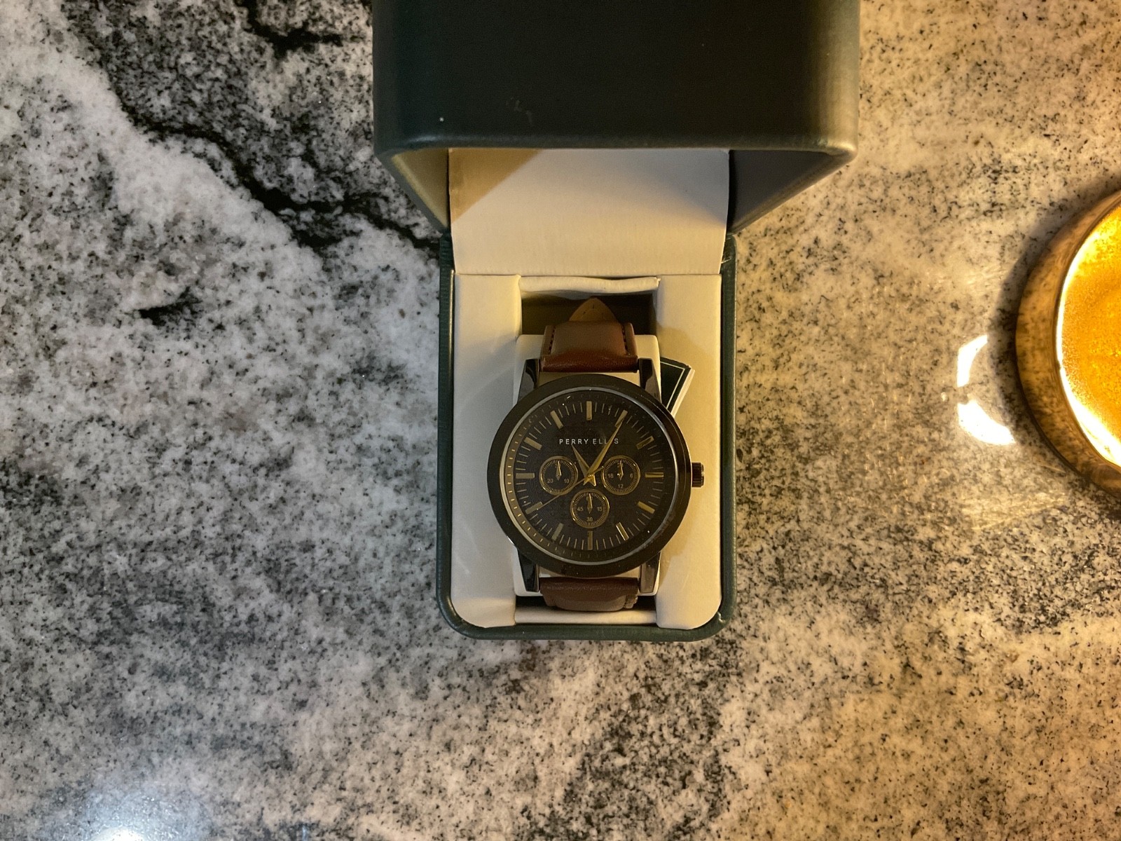 Perry Ellis Men’s Quartz Chronograph Analog Watch Black Dial Brown Leather Box Perry Ellis Men’s Quartz Chronograph Analog Watch Black Dial Brown Leather Box