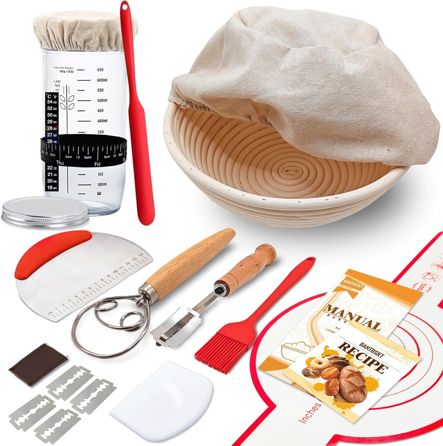 Complete Sourdough Starter Kit Banneton Bread Proofing Basket with Glass Sourdou