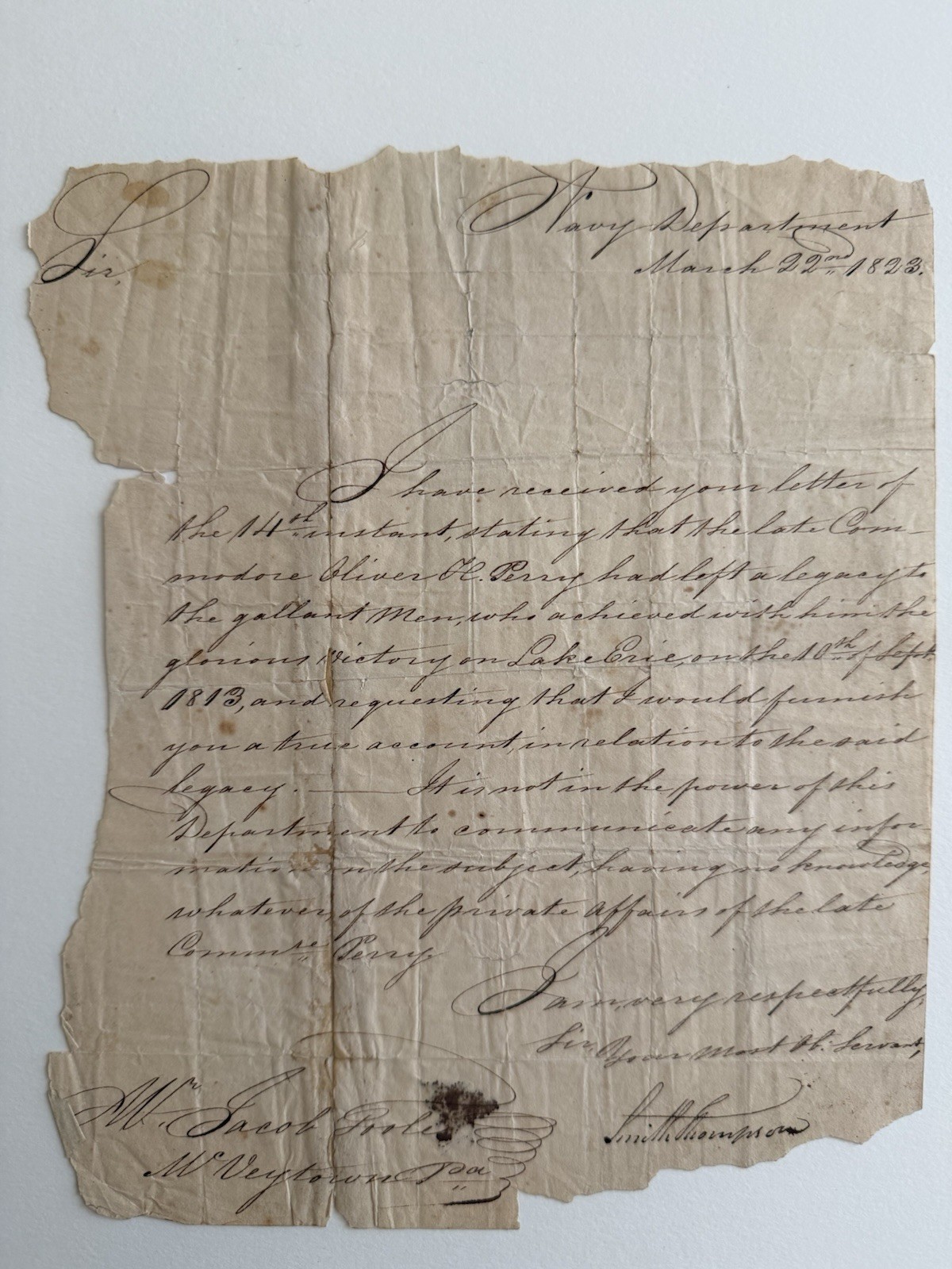 1823 Smith Thompson LS Sec. Navy Re Oliver Hazard Perry Battle Of Lake Erie