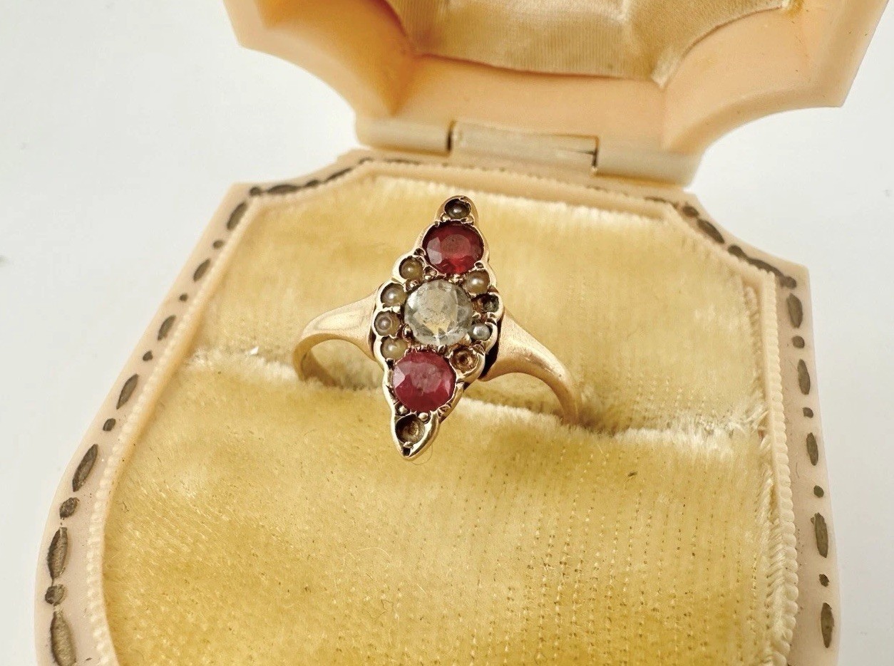 Antique Victorian 10k Gold Seed Pearl Ruby Ring Marquise S6 Signed Rare Fix READ Antique Victorian 10k Gold Seed Pearl Ruby Ring Marquise S6 Signed Rare Fix READ