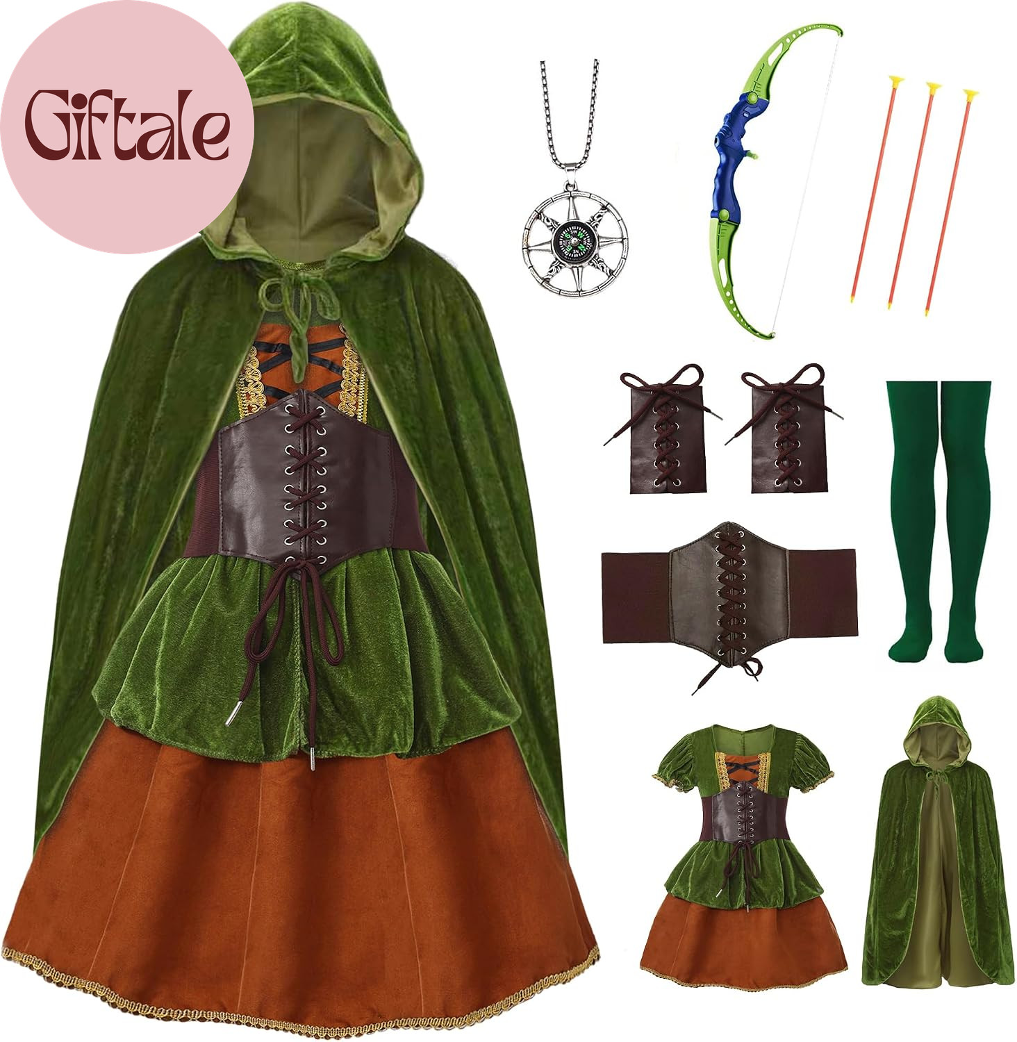 7 Pcs Archer Costume for Girls Medieval Renaissance Hunter Dress Costume with Ca 7 Pcs Archer Costume for Girls Medieval Renaissance Hunter Dress Costume with Ca