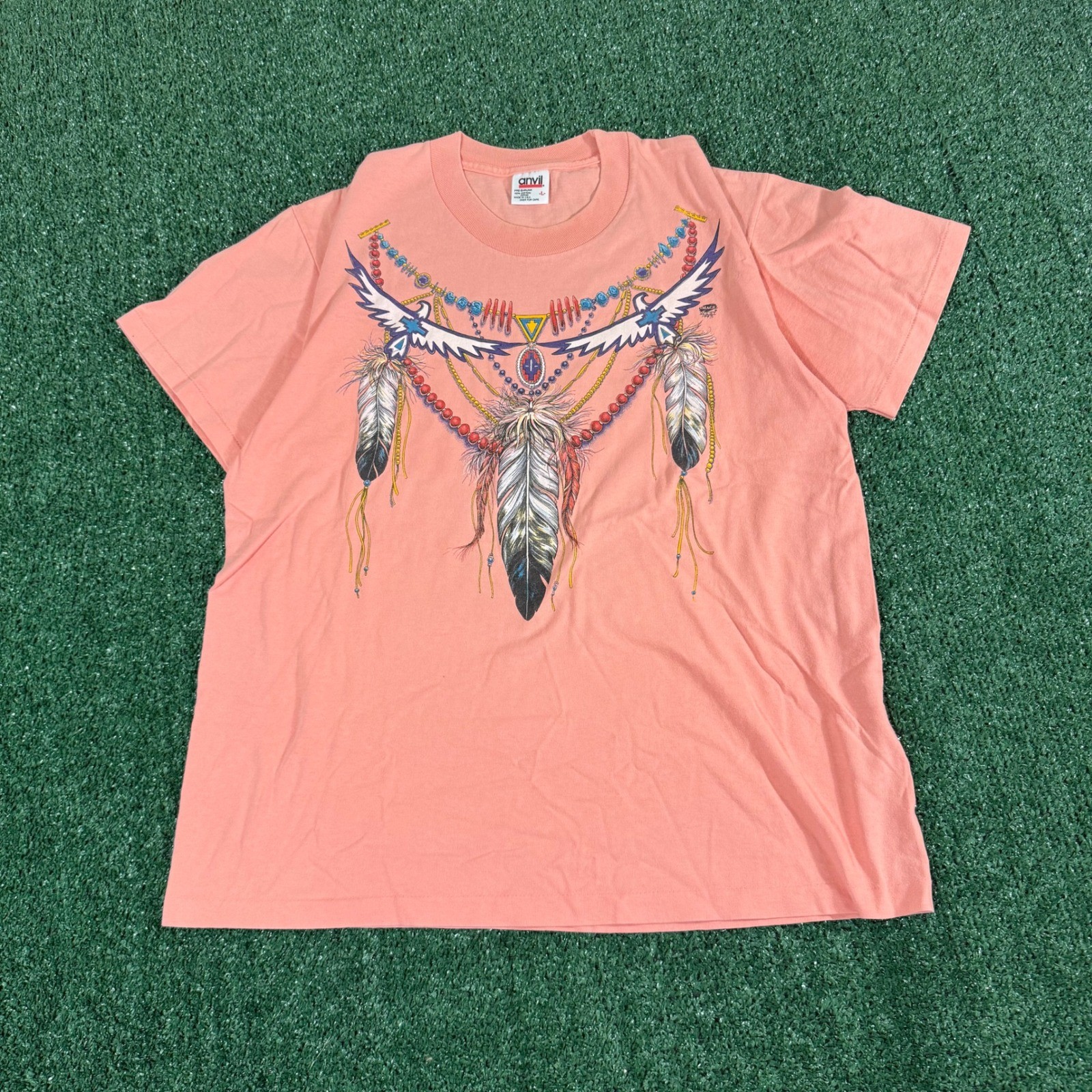 Vintage Anvil Native American Graphic Tee Peach Large Single Stitch Made in USA