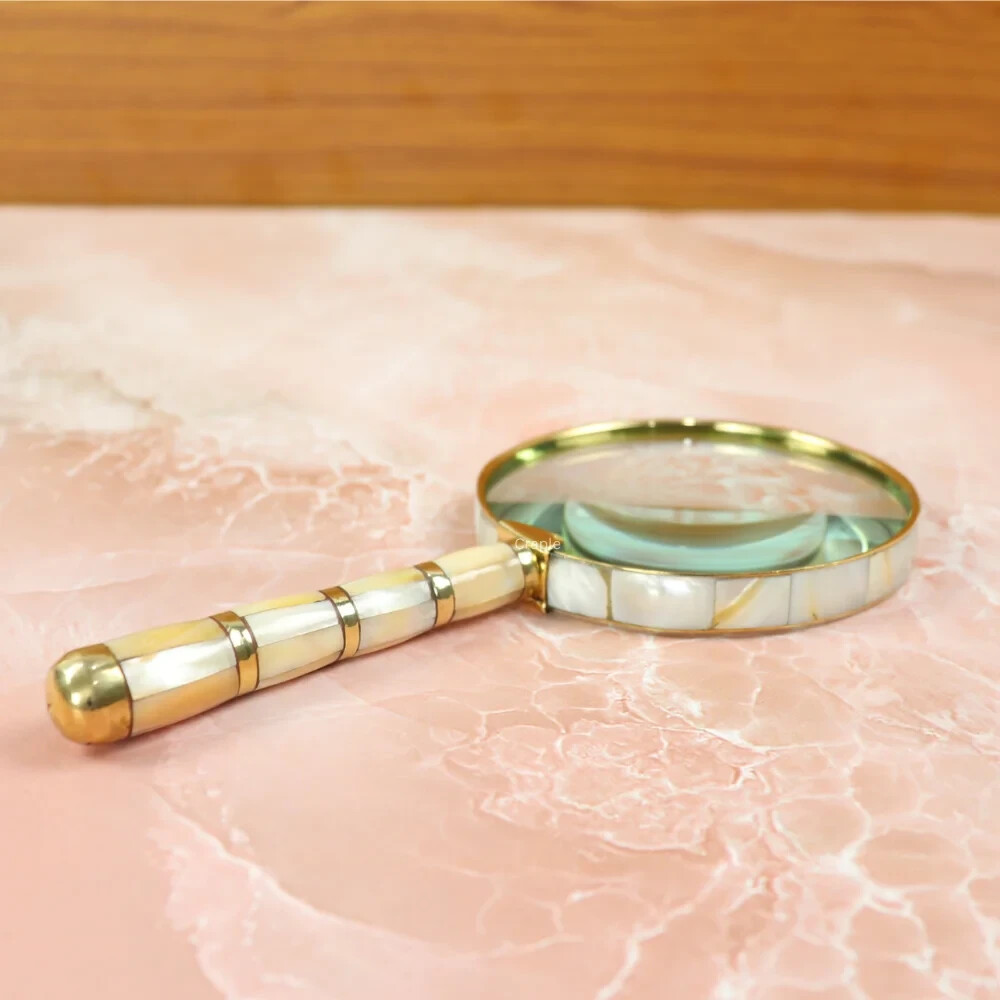 Handmade Mother of Pearl & White Brass Vi Handle Magnifier Magnifying Glass Lens