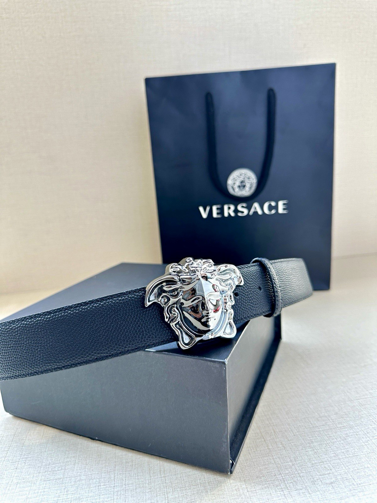 Versace Men’s Dress Belt Blue Medusa Logo Buckle Adjustable Size 38