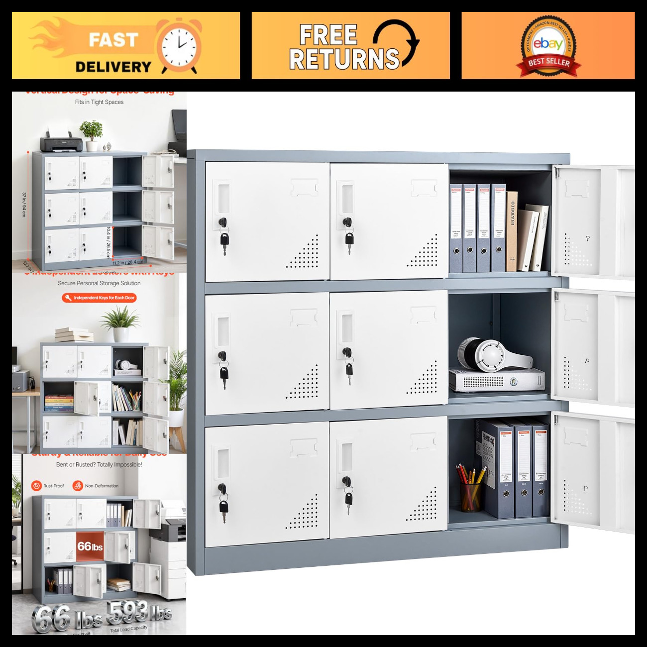 9-Door Metal Locker Cabinet with Card Slot & Ventilation - Steel Storage for Off