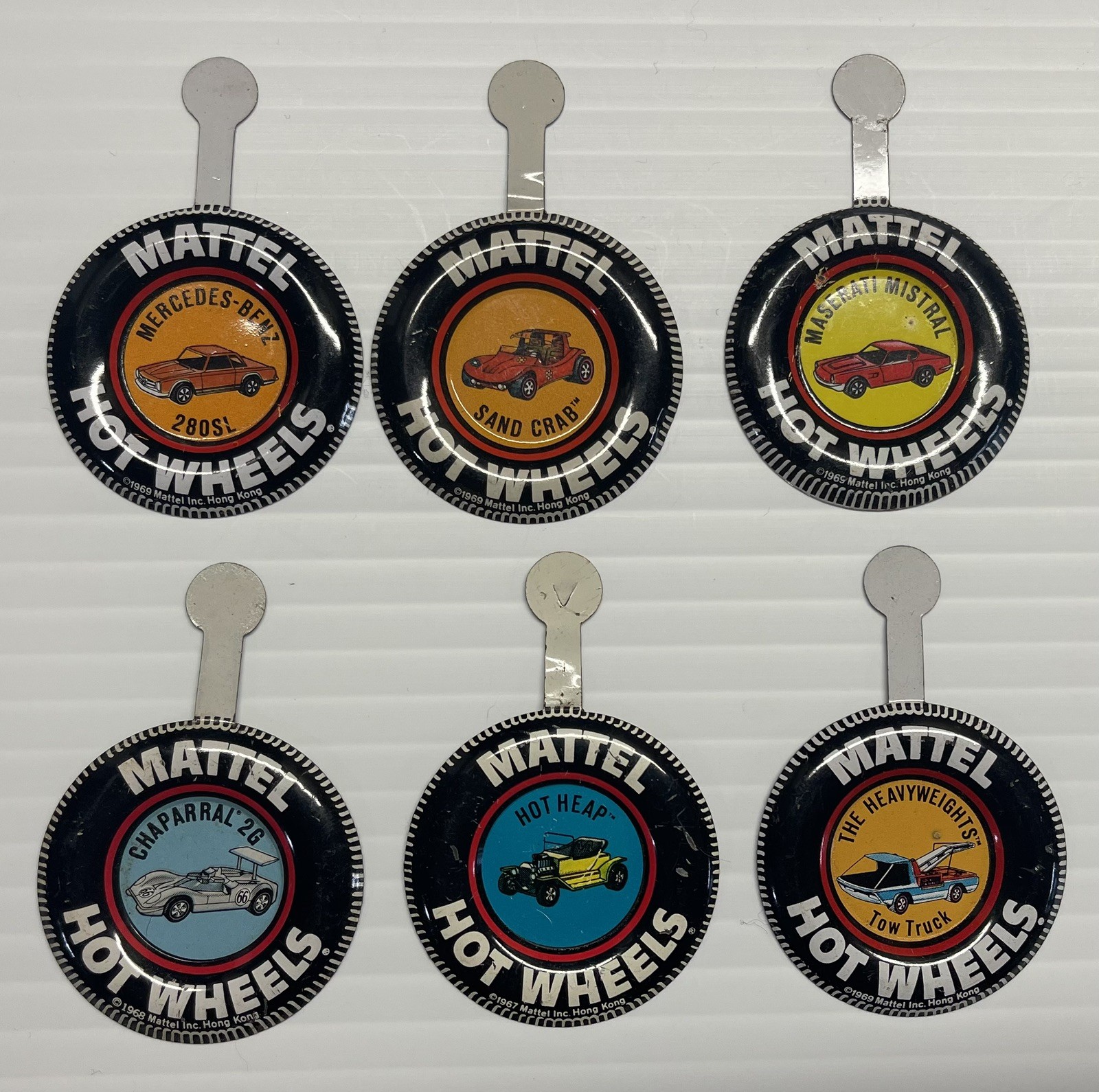 Vintage Hot Wheels Redline Metal Badges Buttons with tabs Lot of 6 Good Shape