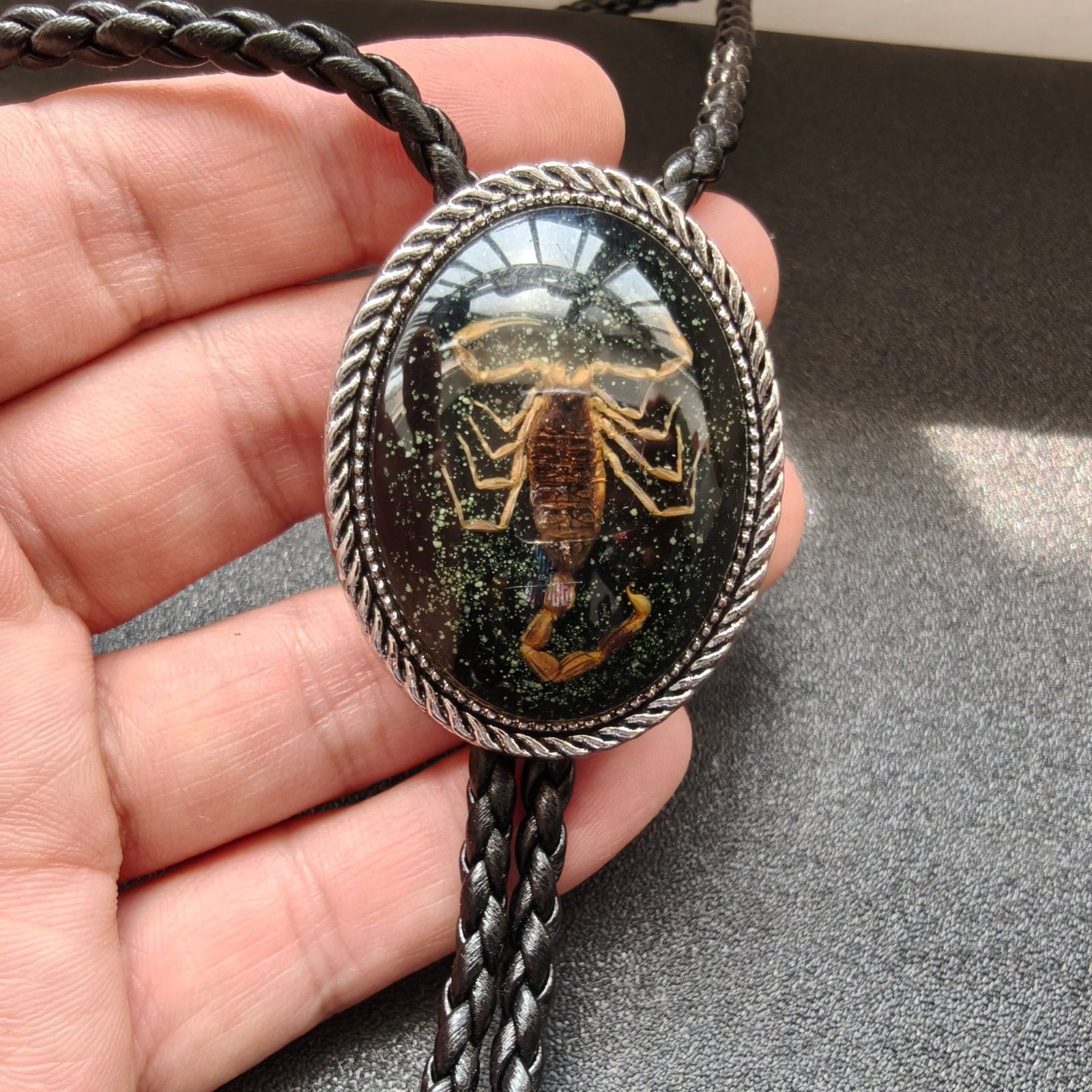 Black Scorpion Bolo Tie - Faux Leather Western Gothic Wedding Necklace Necktie Black Scorpion Bolo Tie - Faux Leather Western Gothic Wedding Necklace Necktie