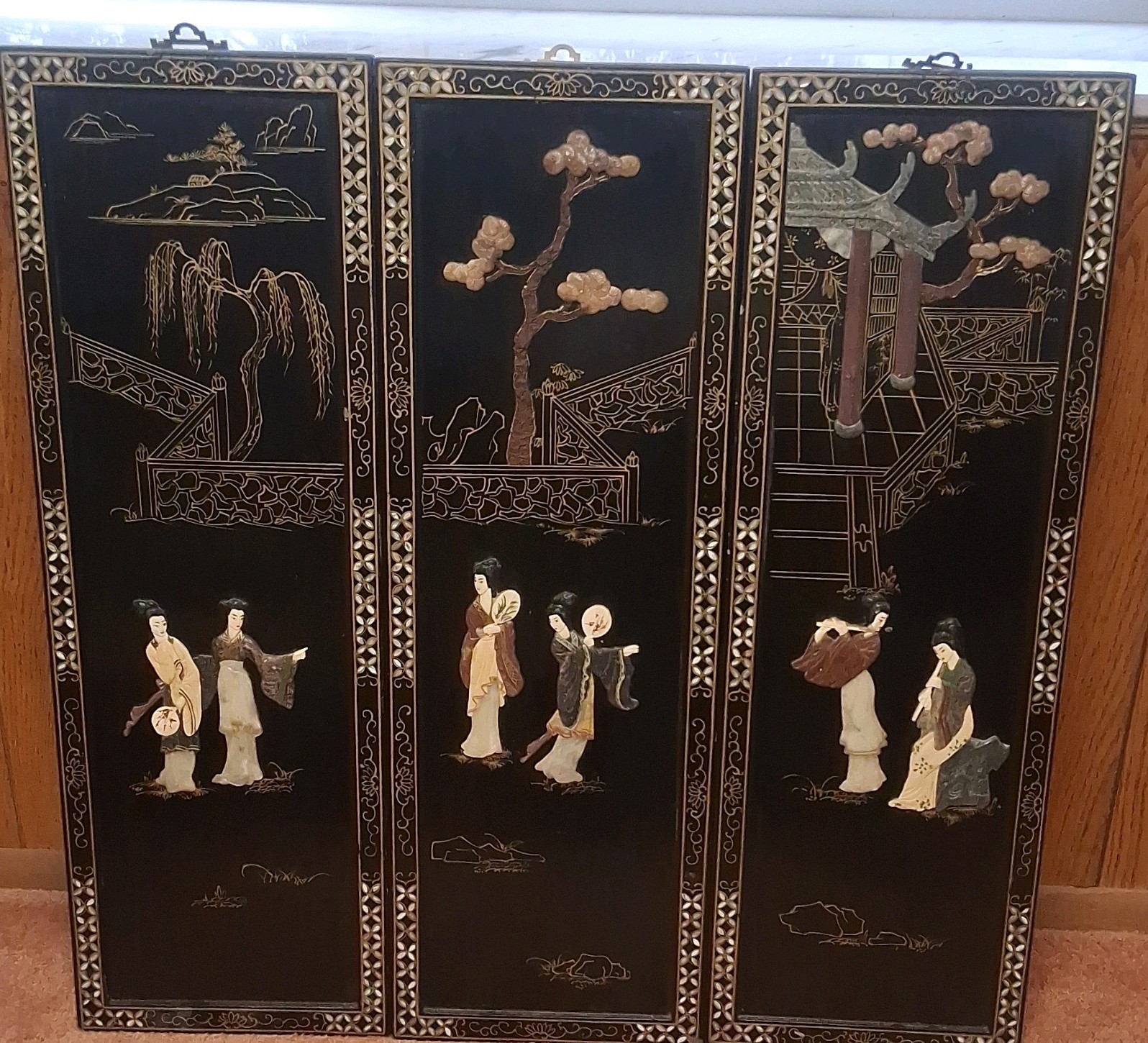 Stunning Asian Vintage Black Lacquer Hand-Carved Soapstone Wall Panels ✨ Stunning Asian Vintage Black Lacquer Hand-Carved Soapstone Wall Panels ✨