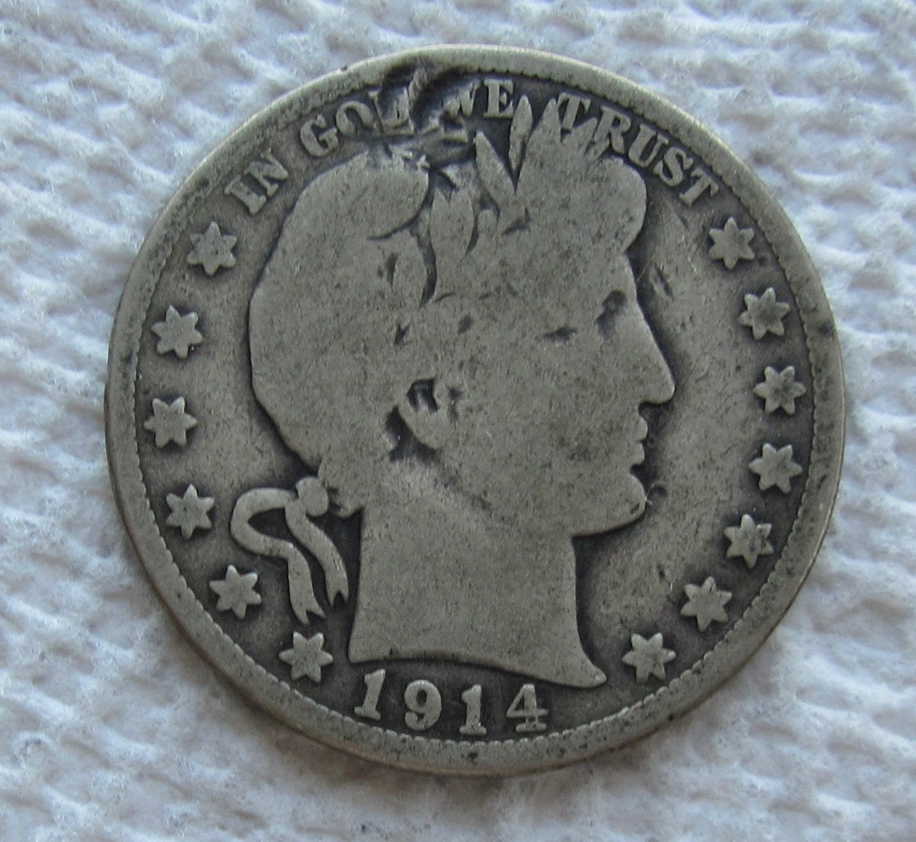 1914 50C Barber Half Dollar Rare Key Date Full Date Damaged Hole Filler