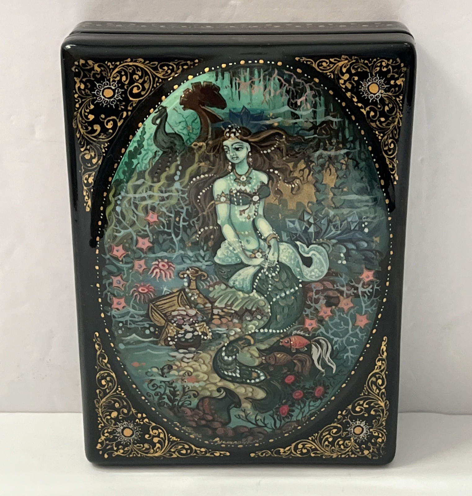 Hand Painted Mermaid Underwater Treasures Russian Lacquer Box Artist Signed