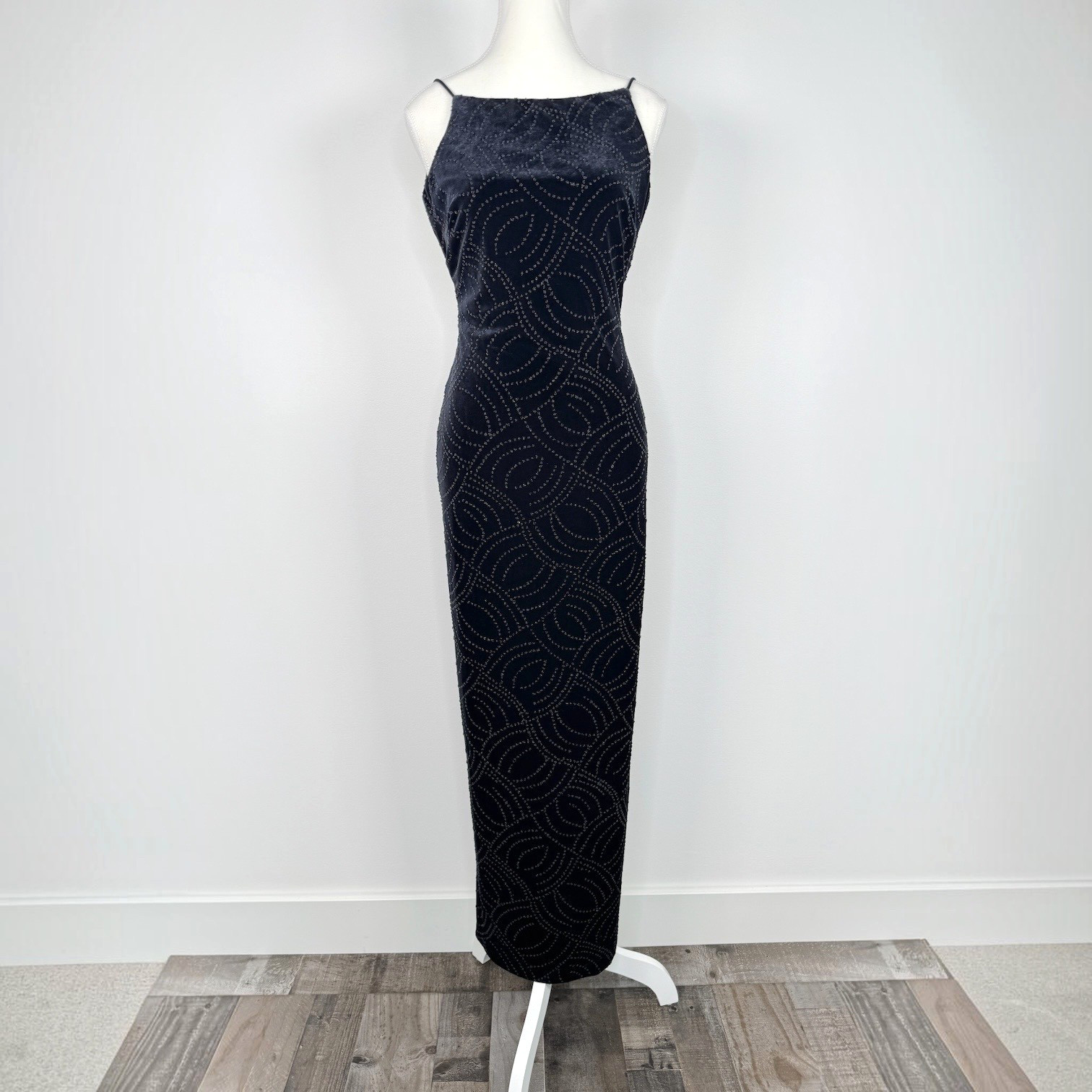 Vintage 90s Bari Jay Backless Velvet Evening Gown Size 3-4 Black Beaded Prom