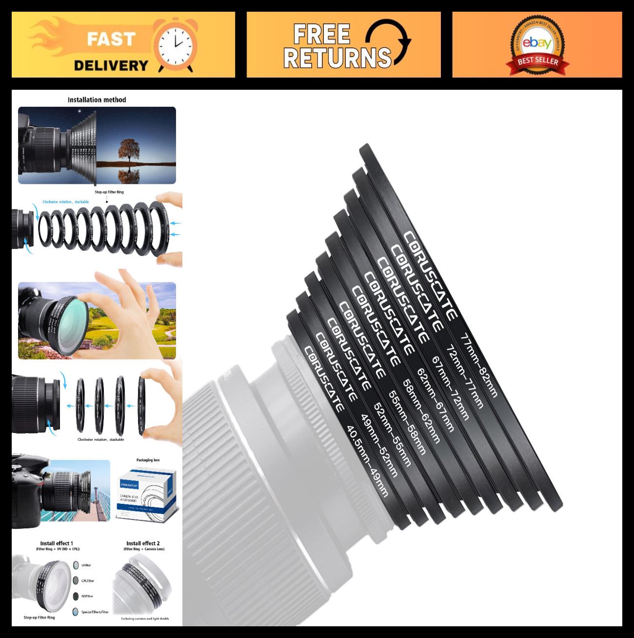 9Pcs Metal Camera Lens Filter Adapter Set, UV ND CPL Stepping Rings 40.5-82mm