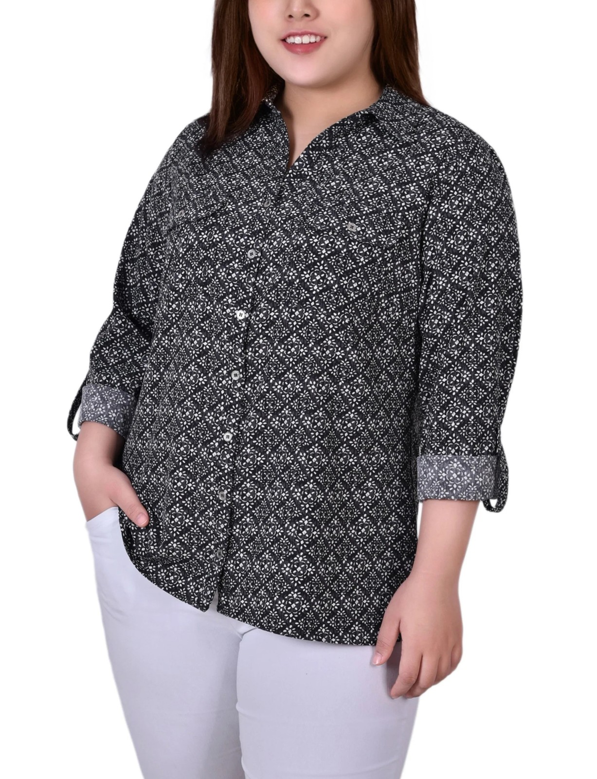 NY Collection Plus Size Sl Black White Geometric 3X NY Collection Plus Size Sl Black White Geometric 3X