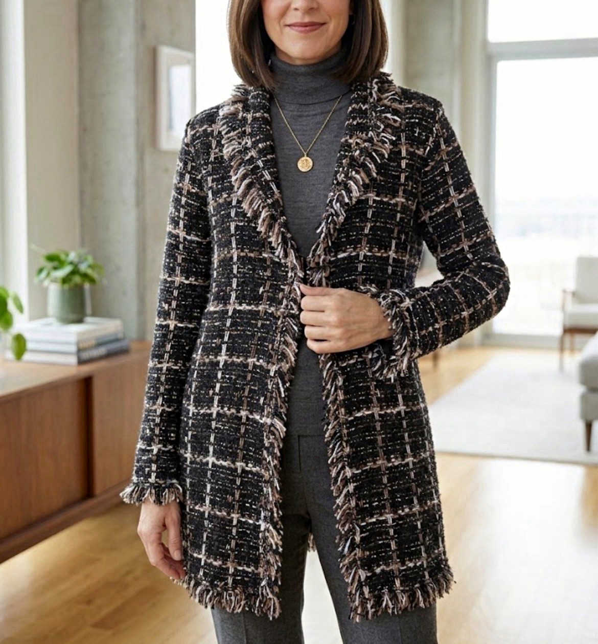 New English Factory Tweed Fringe Cardigan Jacket Single Hook Eye Closure size S New English Factory Tweed Fringe Cardigan Jacket Single Hook Eye Closure size S
