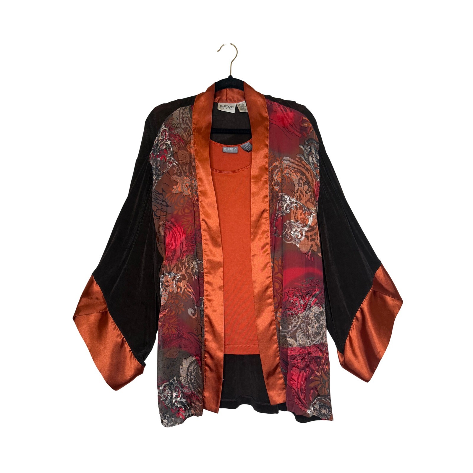Vintage Chico\'s Travelers kimono Top + Shell & Skirt Burnt Orange /Black Sz 2/3
