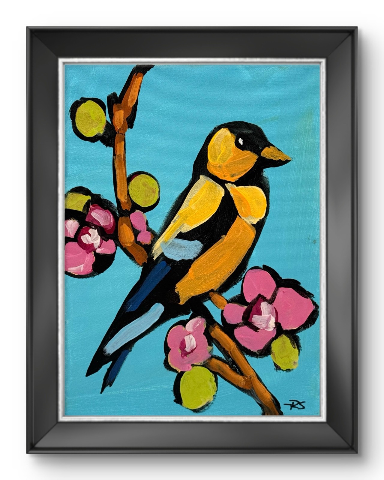 Yellow Songbird Blossom Painting Original Bird Art 9x12 Acrylic by R Stevens