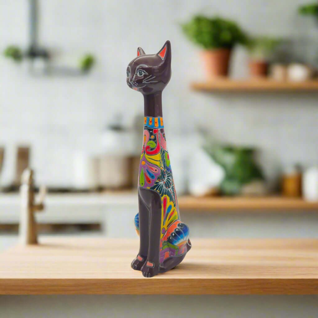 Colorful Talavera Cat Statue | Handmade Mexican Art