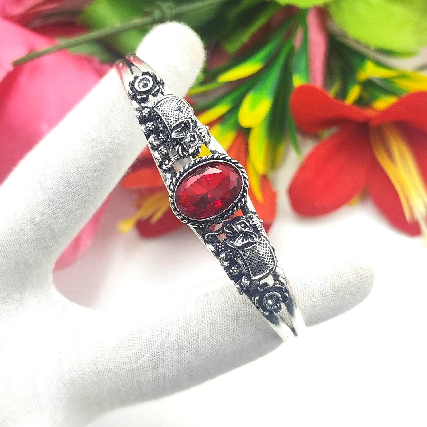Red Garnet Gemstone 925 Sterling Silver Jewelry Cuff Bracelet Adjustable\