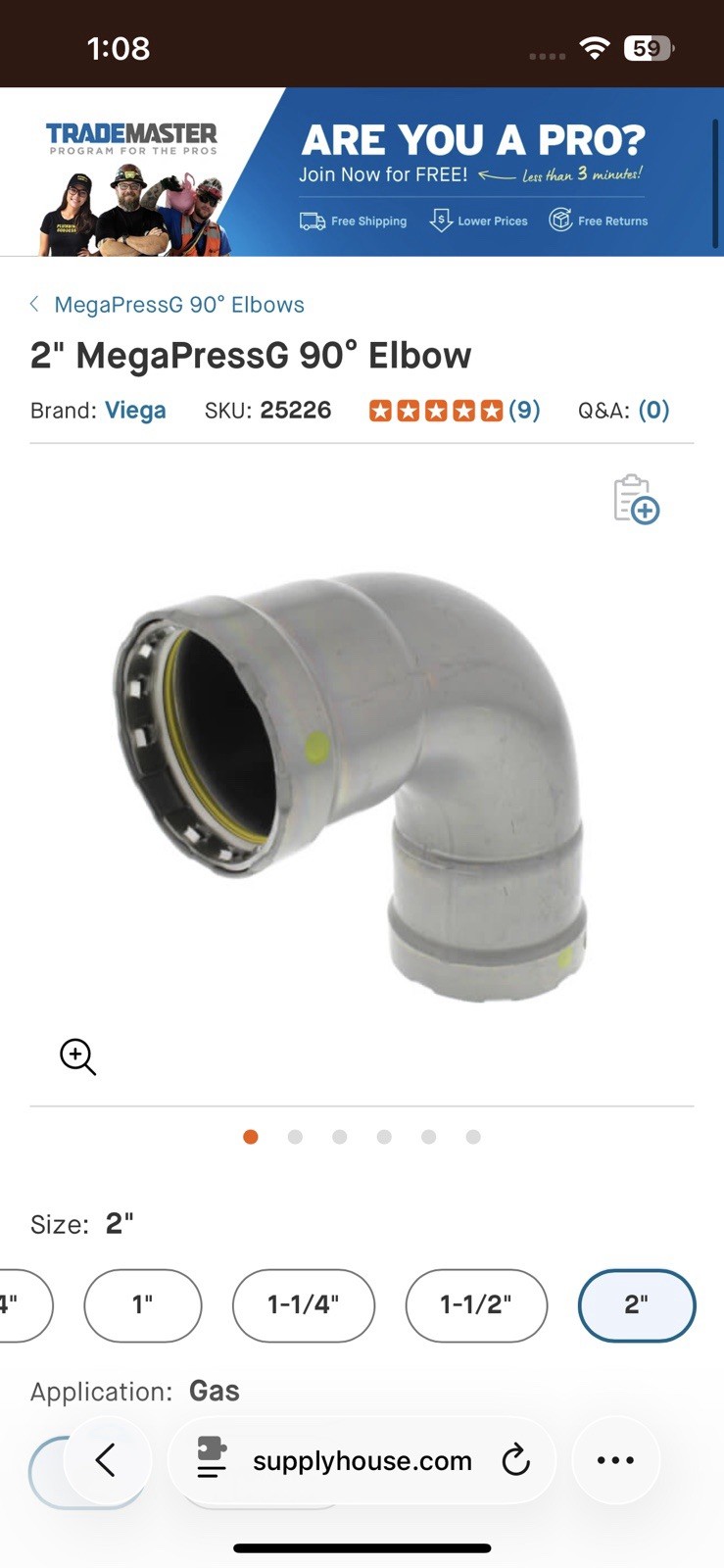 2” Viega 25226 MegaPressG 90 Degree Elbow Steel Gas Pipe Press Fitting 6616