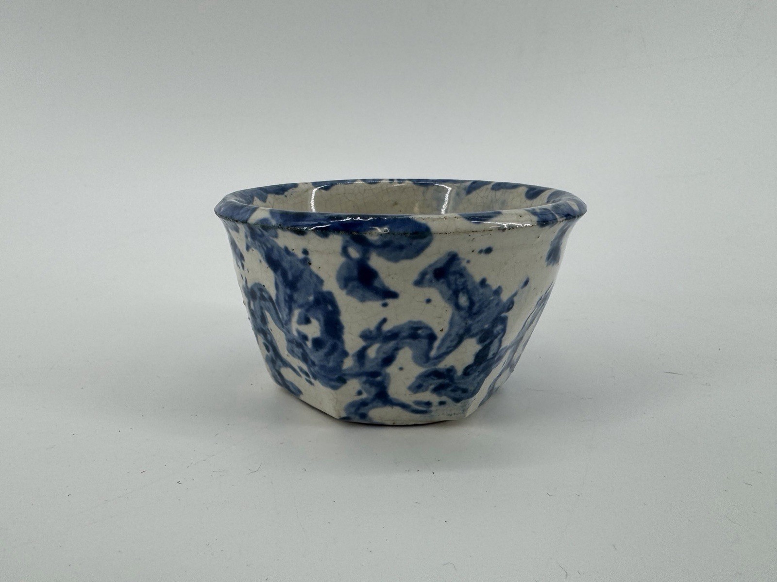 Antique Spongeware Stoneware Blue And White Bowl